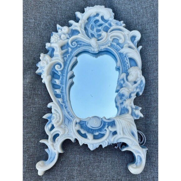 Antique Handcrafted INCOLAY Stone Framed MIRROR Blue Cream Cherub Victorian